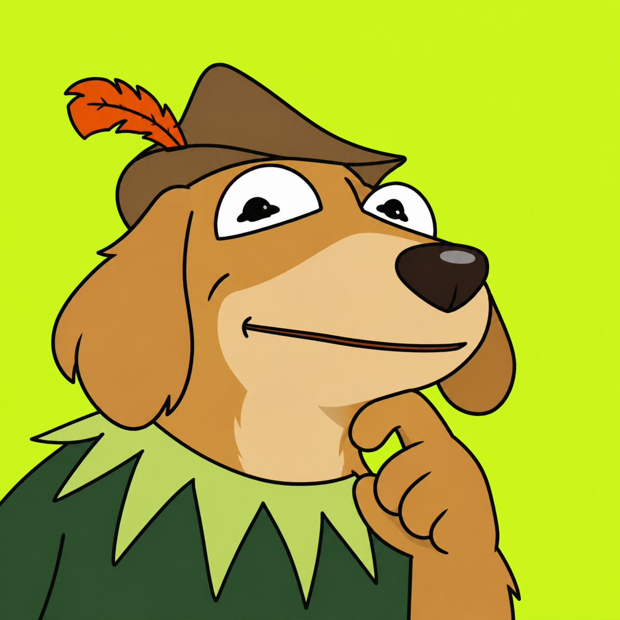 Robin Dog mascot in a feathered hat